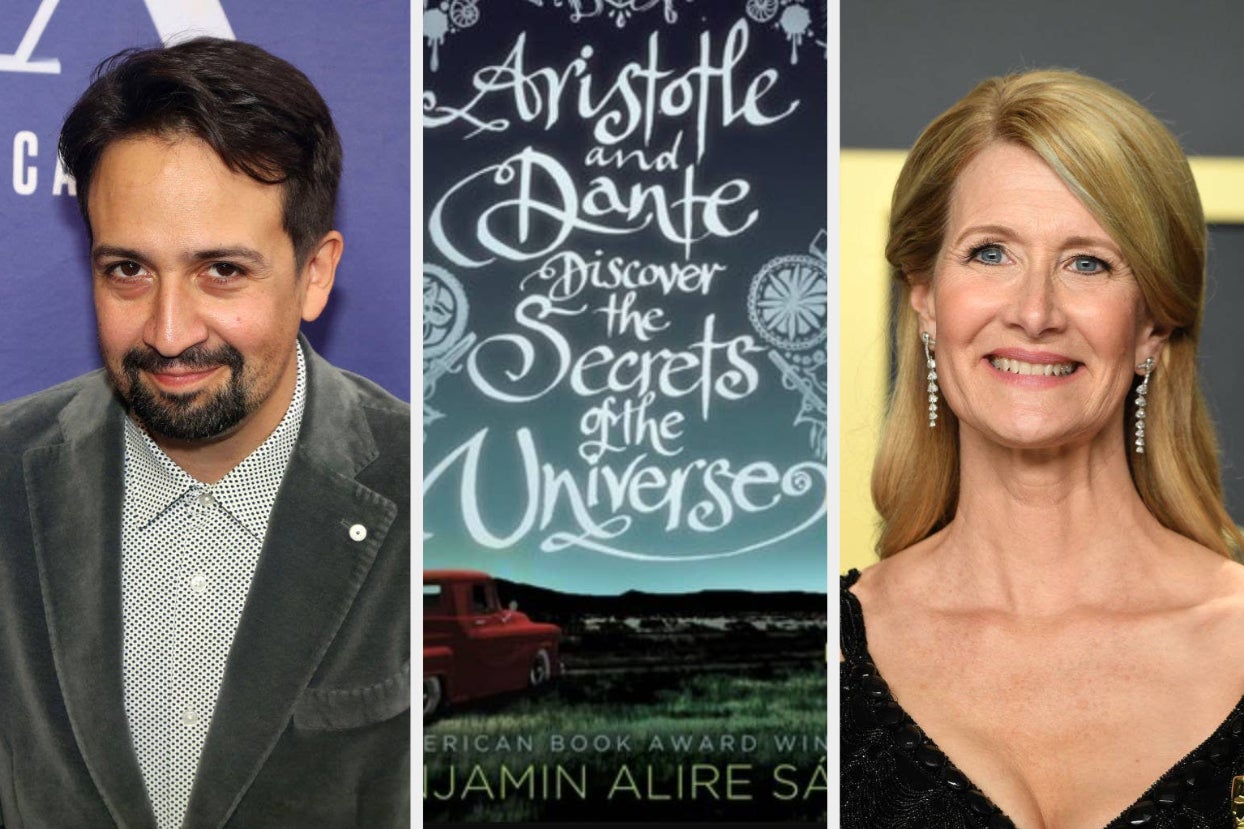 the cover of ''aristotle and dante discover the secrets of the universe'' next to photos of Lin Manuel Miranda and Laura Dern the cover of ''aristotle and dante discover the secrets of the universe'' next to photos of Lin Manuel Miranda and Laura Dern