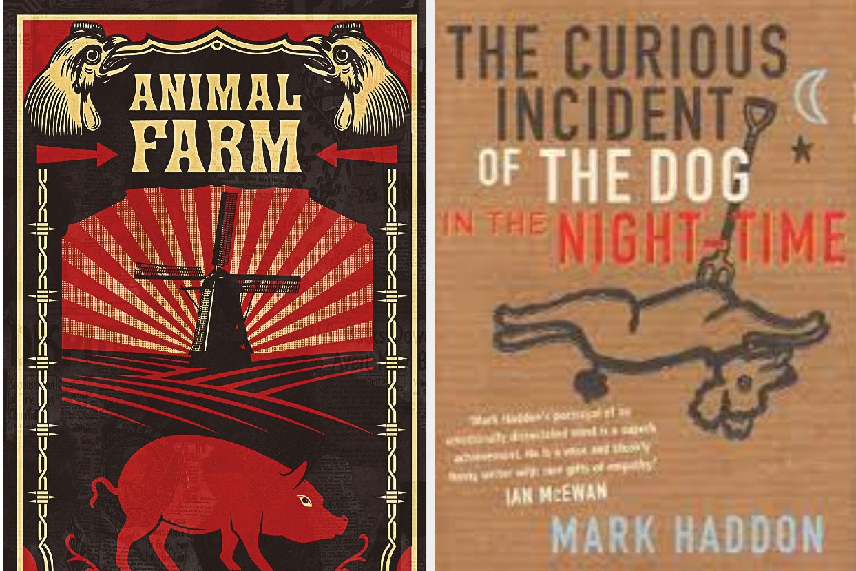 left: animal farm cover; right: curious incident of the dog in the night-time cover
