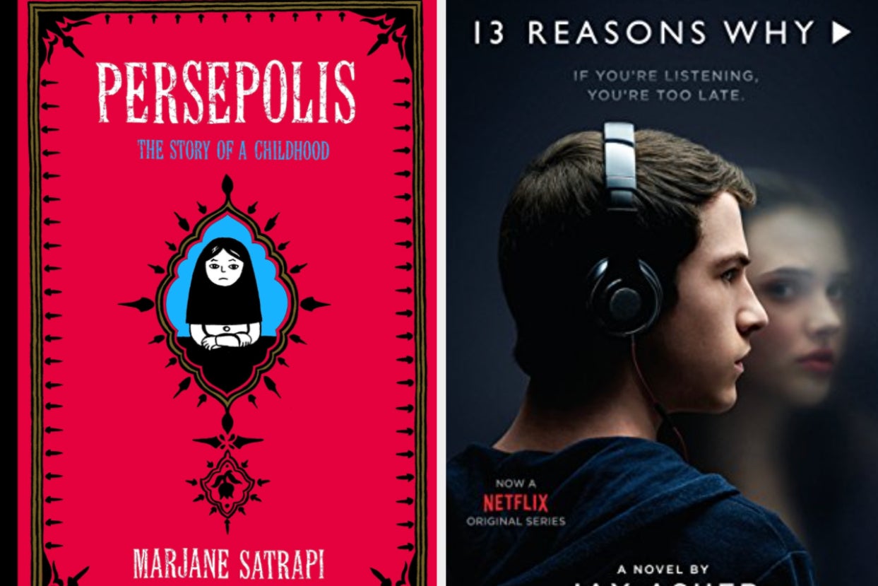 left: cover of ''persepolis;'' right: cover of ''13 reasons why'' left: cover of ''persepolis;'' right: cover of ''13 reasons why''