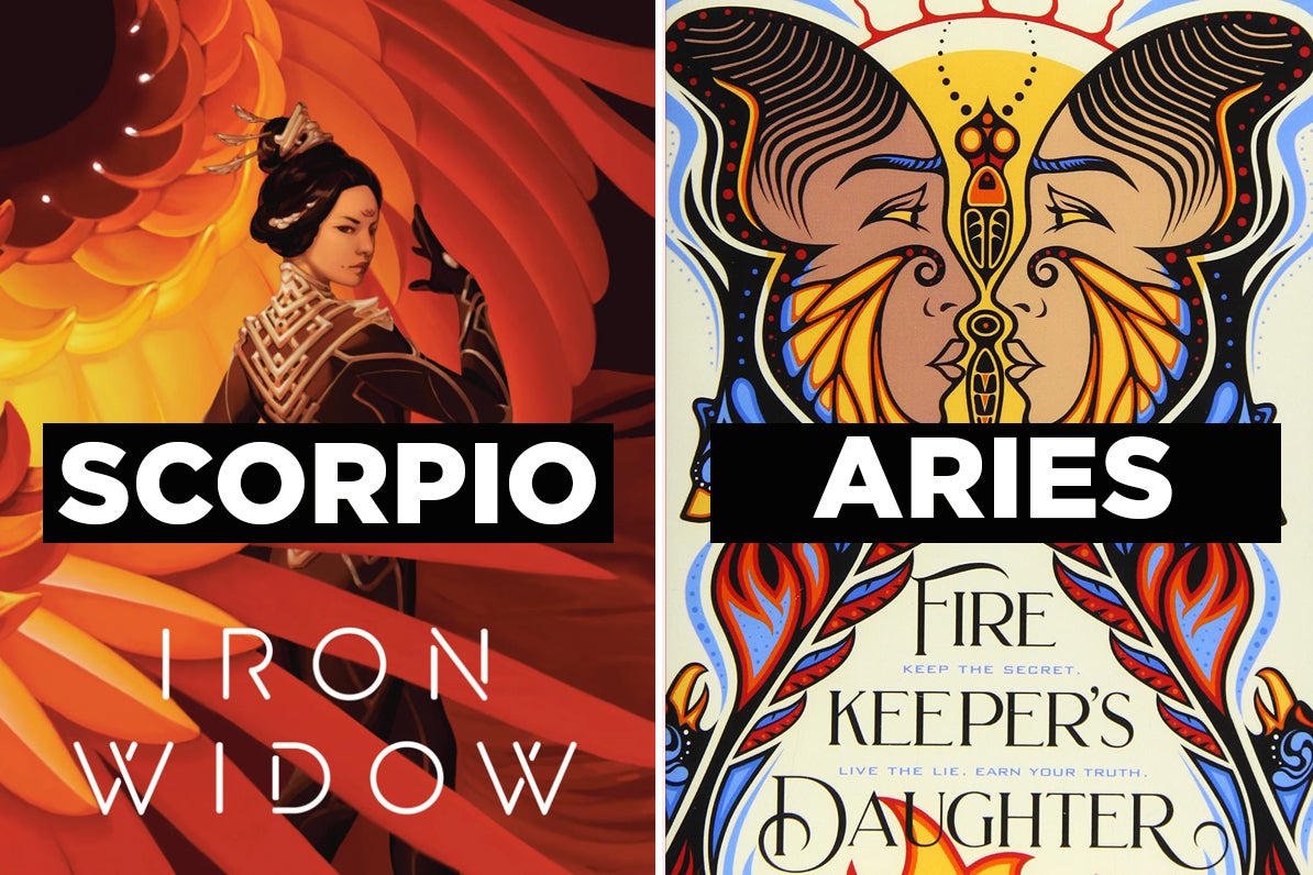 left: cover of ''iron widow'' with text ''scorpio;'' right: cover of ''firekeeper's daughter'' with text ''aries'' left: cover of ''iron widow'' with text ''scorpio;'' right: cover of ''firekeeper's daughter'' with text ''aries''