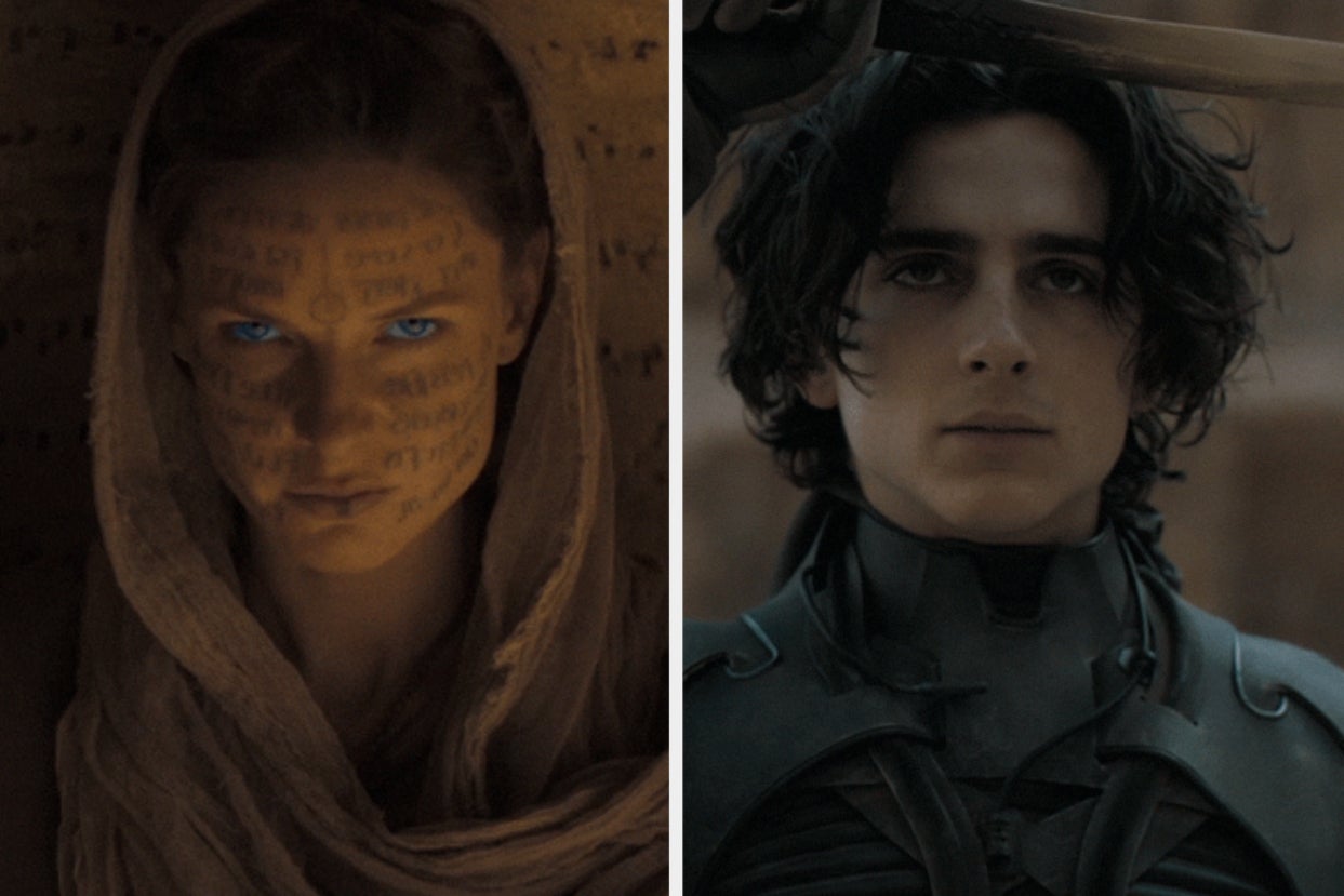 characters from the Dune movie look seriously to the camera