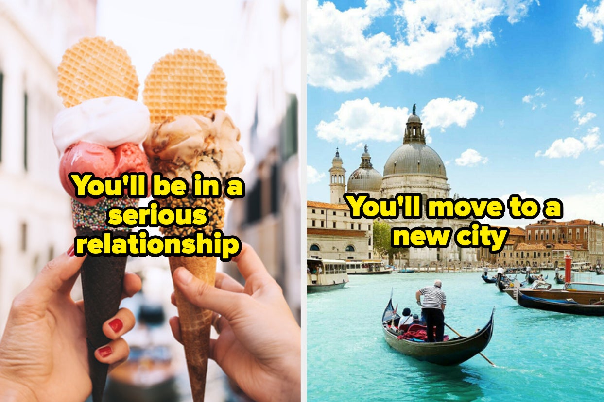 two hands hold gelato cones with text ''you'll be in a serious relationship;'' people in gondolas in venice with text ''you'll move to a new city'' two hands hold gelato cones with text ''you'll be in a serious relationship;'' people in gondolas in venice with text ''you'll move to a new city''