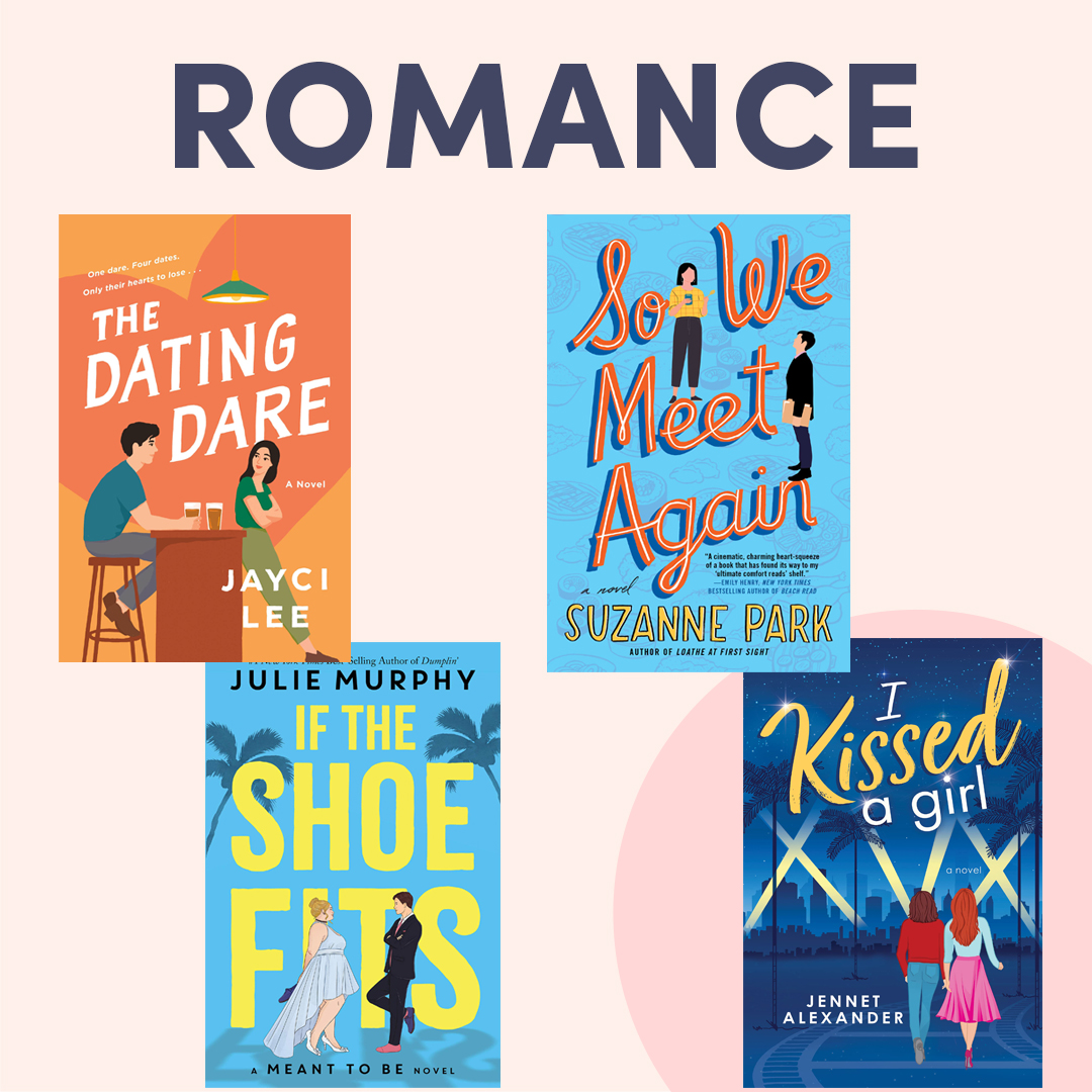 illustrated graphic with book covers; text reads ''romance''