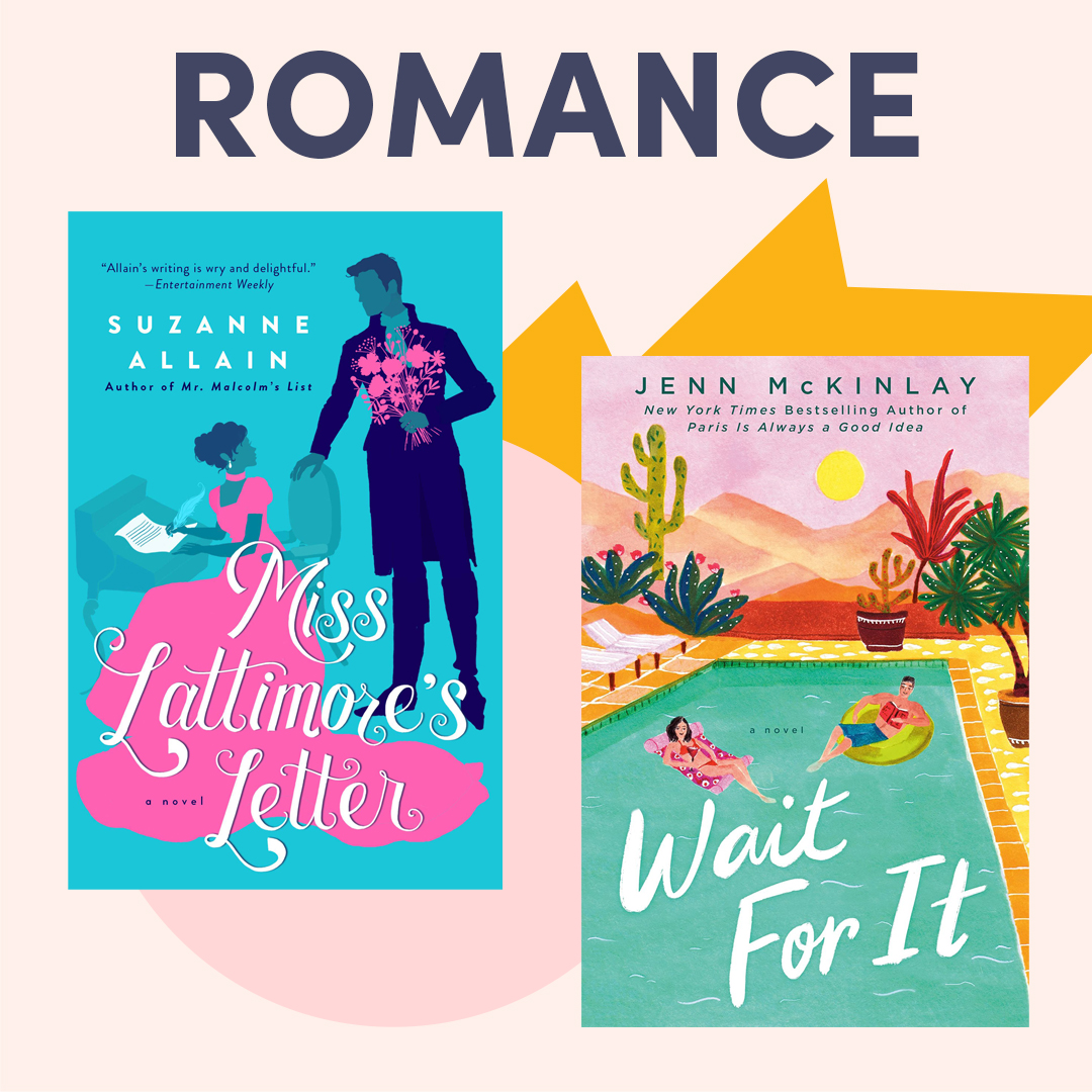 illustrated graphic with two book covers; text reads ''romance''