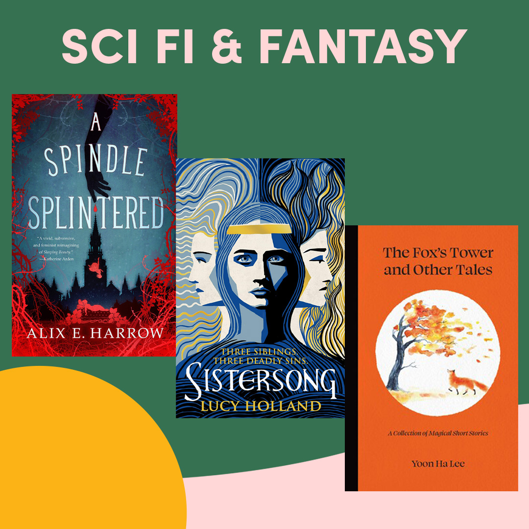 Illustrated graphic with two book covers, text reads ''Sci-fi & Fantasy'' Illustrated graphic with two book covers, text reads ''Sci-fi & Fantasy''