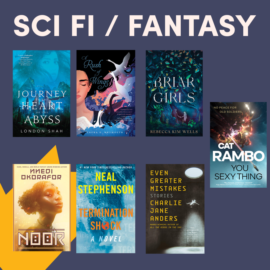 Illustrated graphic with two book covers, text reads ''Sci-fi & Fantasy'' Illustrated graphic with two book covers, text reads ''Sci-fi & Fantasy''