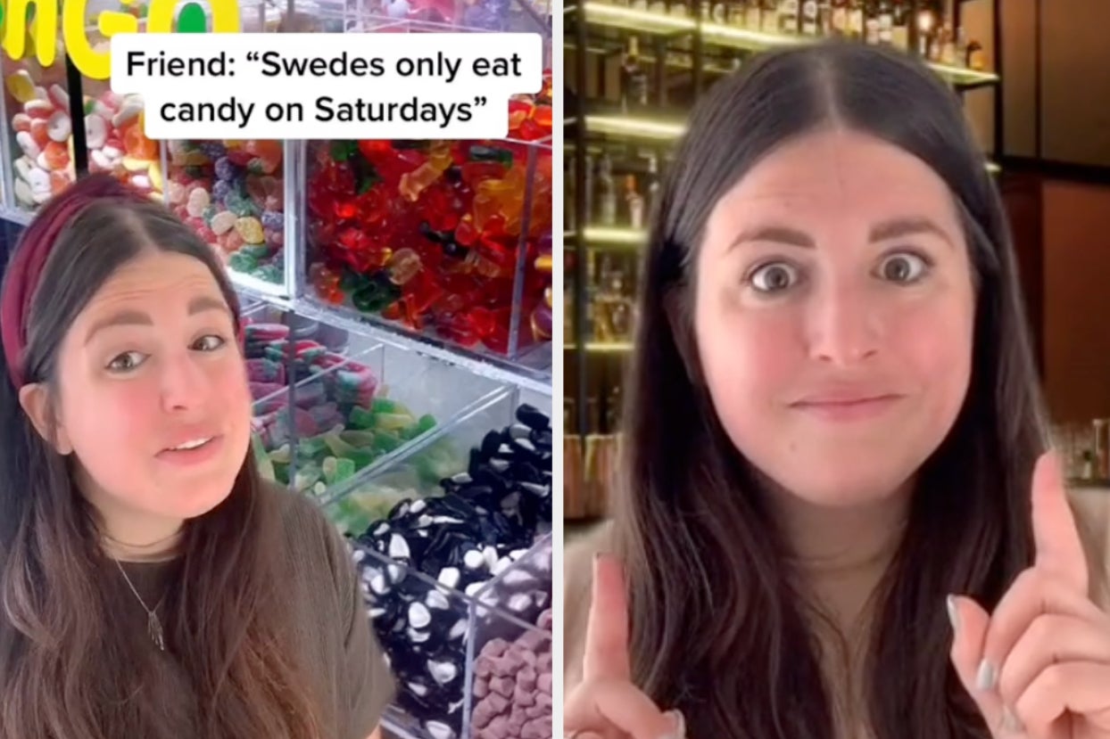 a woman in front of a greenscreen candy store with caption ''friend: 'swedes only eat candy on saturdays;''' the same woman looks into the camera with wide eyes and her fingers pointed up a woman in front of a greenscreen candy store with caption ''friend: 'swedes only eat candy on saturdays;''' the same woman looks into the camera with wide eyes and her fingers pointed up