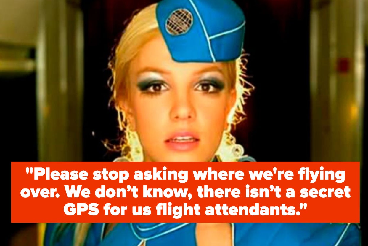 Britney Spears in a flight attendant costume looks into the camera with text from the article