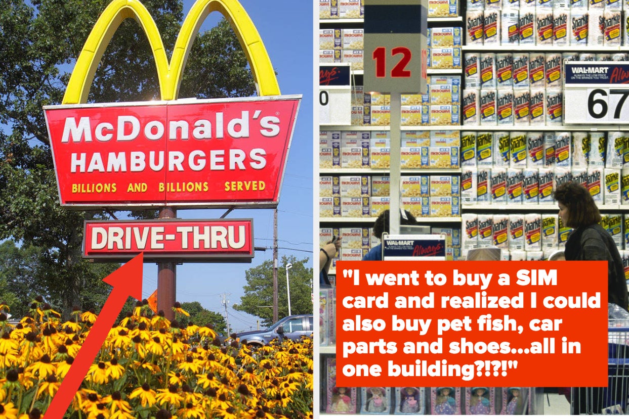 an arrow points to the drive-thru sign of a mcdonald's; people shopping in a grocery store''