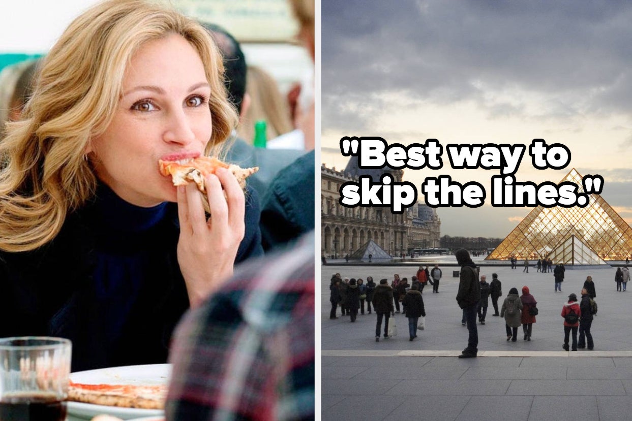 julia roberts smiles and eats a slice of pizza; a crowd outside the Louvre with text ''best way to skip the lines''