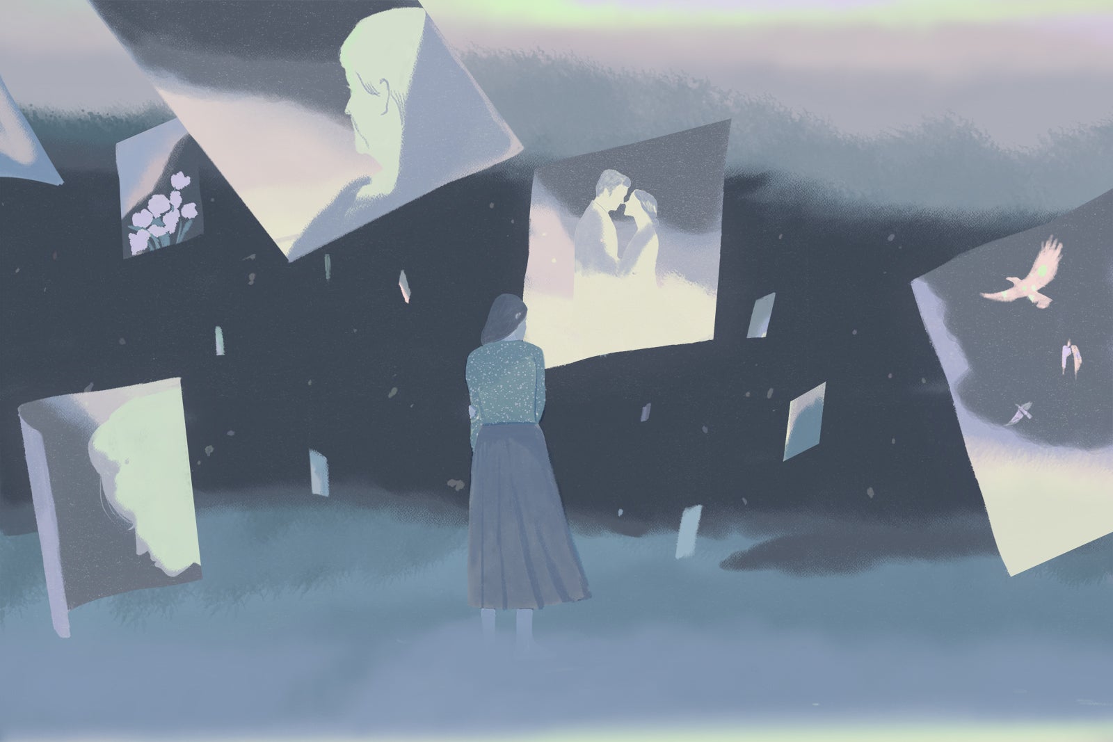 An abstract illustration of a woman, her back turned, as blown up photos float above her