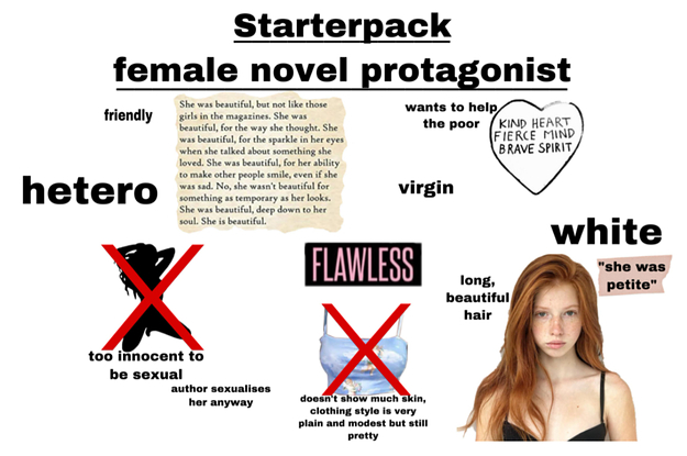 A meme image titled ''Starterpack female novel protagonist'' with the words ''hetero'' ''virgin'' and ''white'', among other illegible words, a stock photo of a white woman with long red hair in a tank top, and a line-drawn heart.