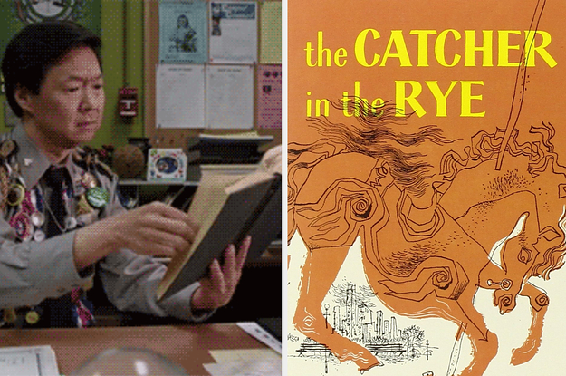 Two images: On left, a man reads a book at a desk. On right, ''The Catcher in the Rye'' book cover.