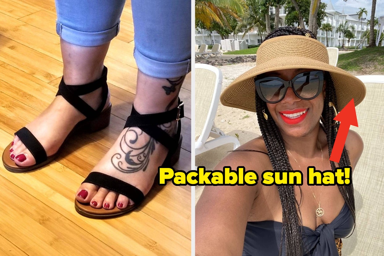 a close up of strappy sandals on tattooed feet; a woman in a beach chair takes a selfie with text ''packable sun hat!'' pointing to her hat a close up of strappy sandals on tattooed feet; a woman in a beach chair takes a selfie with text ''packable sun hat!'' pointing to her hat