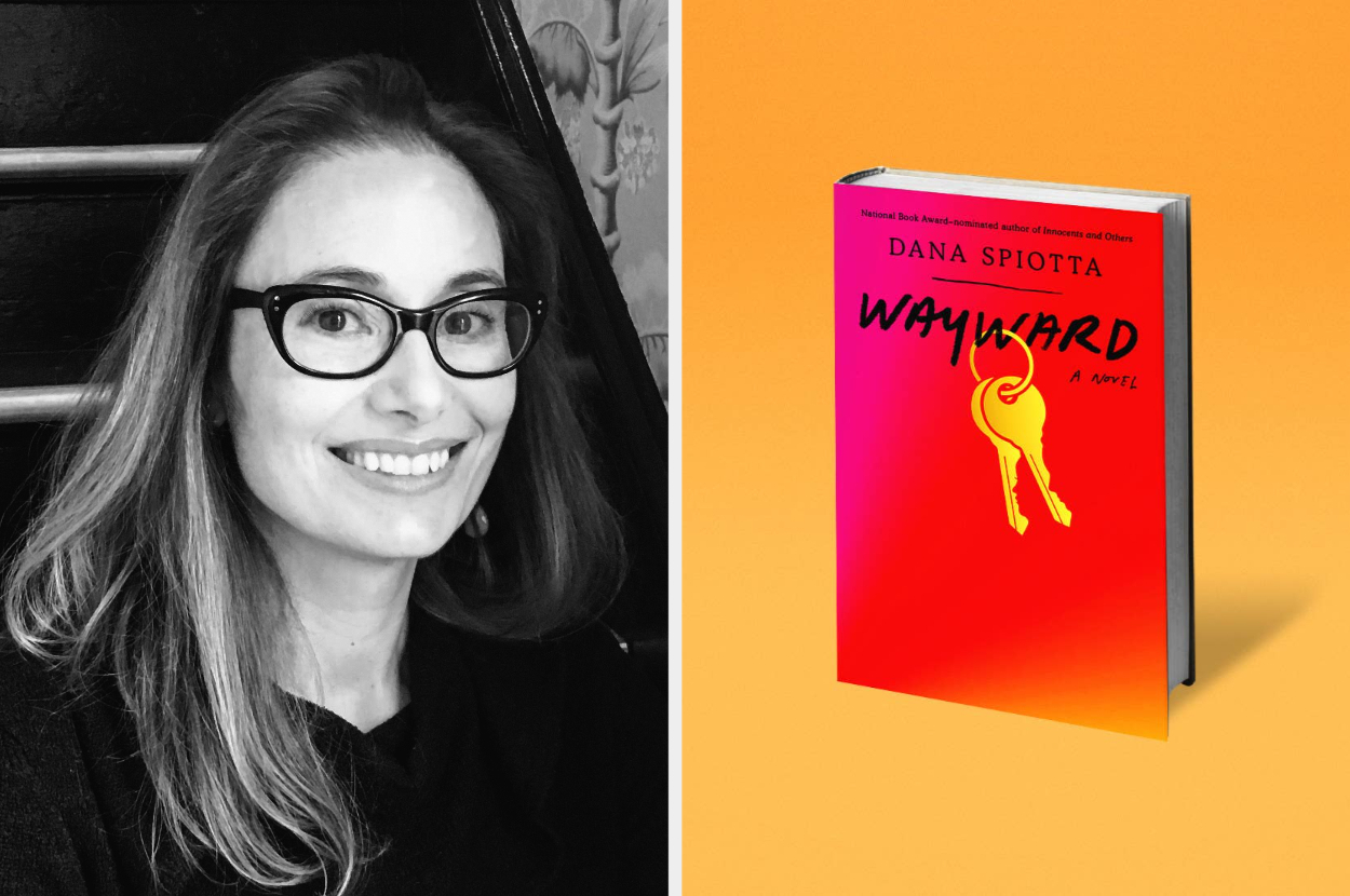 a black and white photo of author Dana Spiotta; a cover of her book Wayward against a solid background
