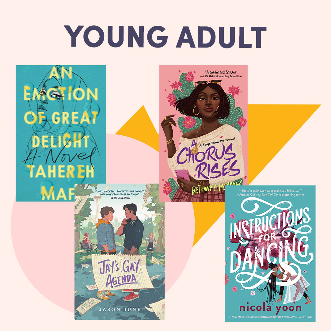 Illustrated graphic with book covers, text reads ''Young Adult''