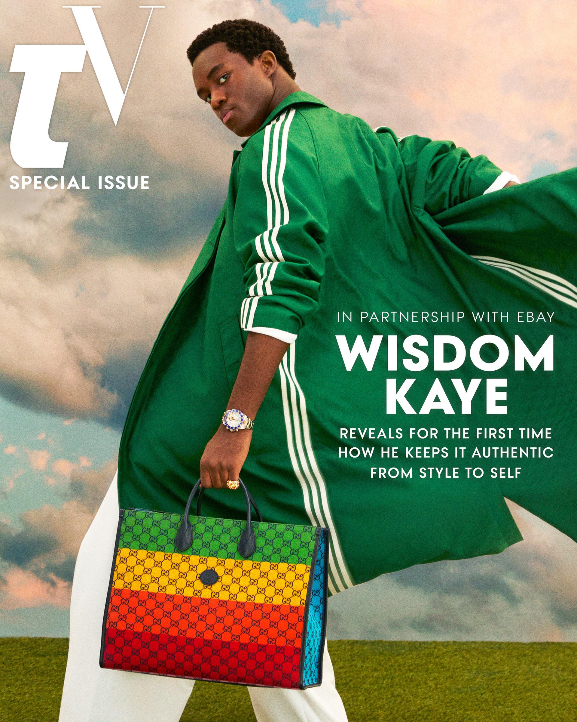 A model wearing a green jacket and holding a rainbow colored handbag. Text over reads: TV Special in partnership with eBay Issue Wisdom Kaye reveals for the first time how he keeps it authentic from style to self.