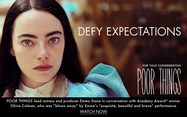 A photo of Emma Stone wearing a blue dress. Text over reads: Defy Expectations. For Your Consideration POOR THINGS.