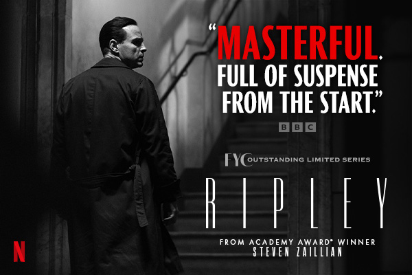 A person on a staircase. Text over reads: ''Masterful. Full of suspense from the start''.