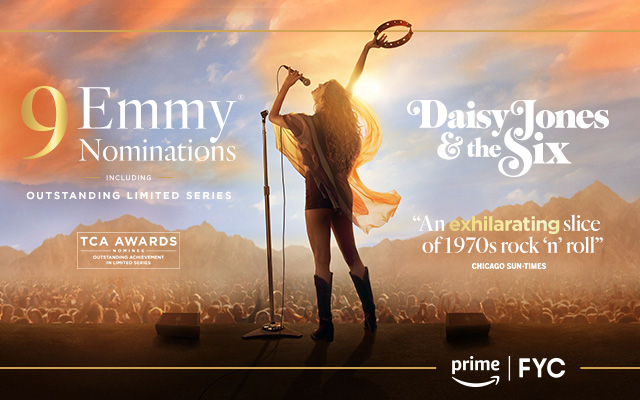 A person on stage performing with a tambourine. Text over reads: 9 Emmy Nominations including Outstanding Limited Series. Daisy Jones & the Six. ''An exhilarating slice of 1970sd rock 'n' roll'' Chicago Sun-Times.  