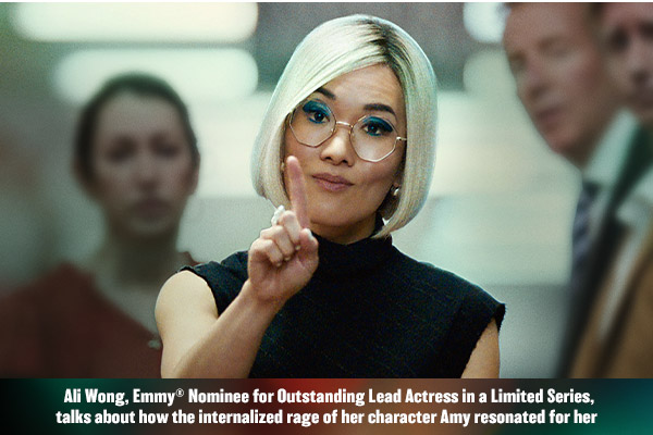 A person wearing glasses holding up their index finger. Text over reads: Ali Wong, Emmy® Nominee for Outstanding Lead Actress in a Limited Series, talks about how the internalized rage of her character Amy resonated for her.