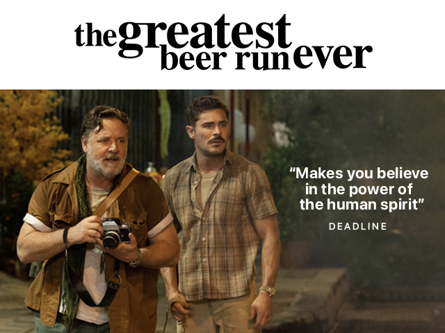 Two people with scared looks on their faces watching something in the distance. Text over reads: ''Makes you believe in the power of the human spirit'' Deadline. 