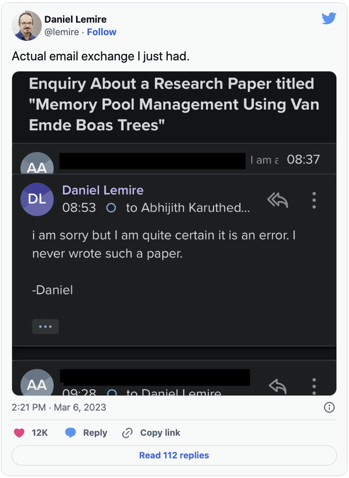Embedded Tweet reading, ''Actual email exchange I just had.''