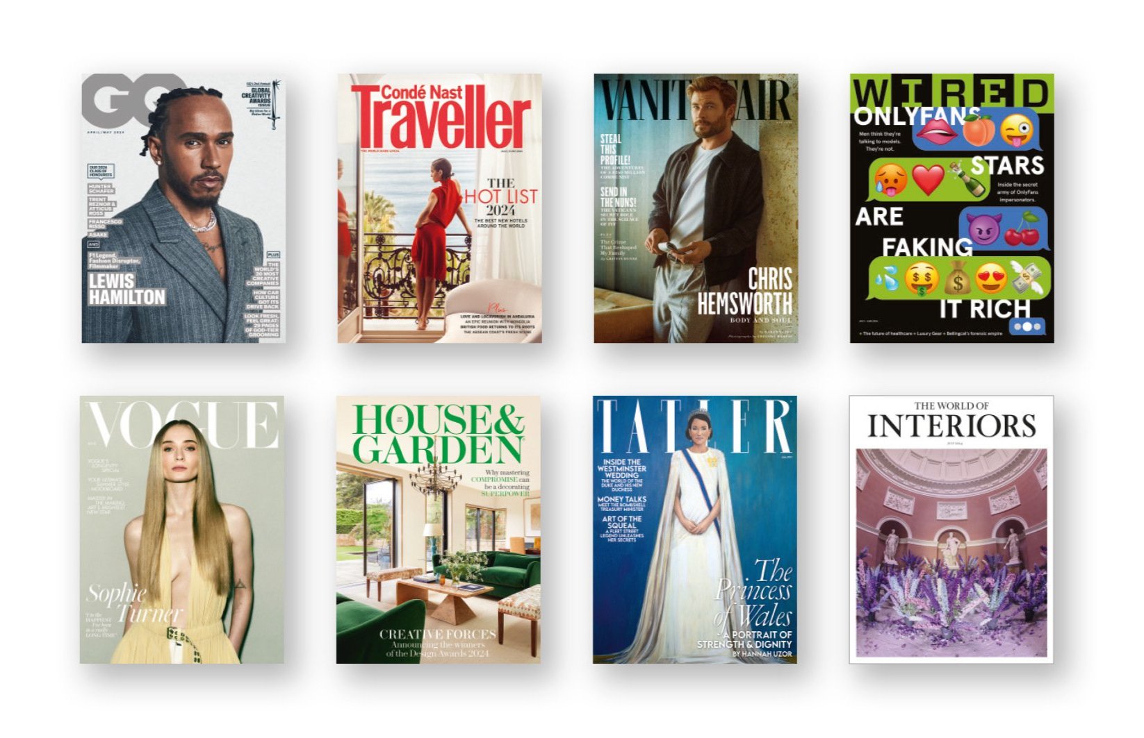 Image containing all 8 Conde Nast Britain magazine cover images. GQ, Condé Nast Traveller, Vanity Fair, WIRED, Vogue, House & Garden, Tatler, The World of Interiors