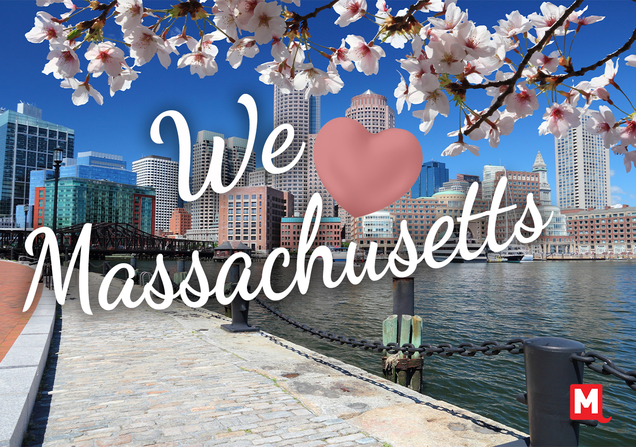 We Heart Massachusetts text over a photo of the city and river
