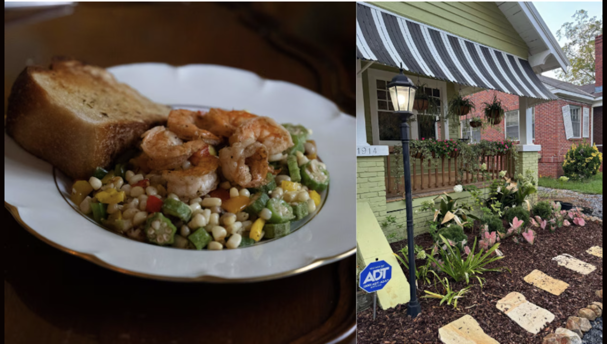 a photo of the new restaurant and a plate of shrimp