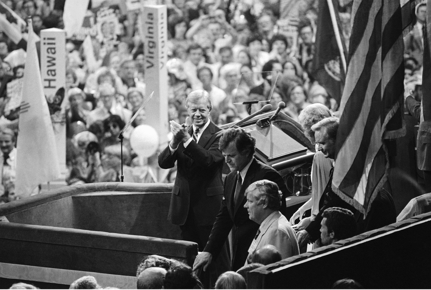 Sen. Edward Kennedy declined to pose with President Jimmy Carter for a hands-in-the-air unity photo at the Democratic National Convention in 1980. Bob Daugherty/AP