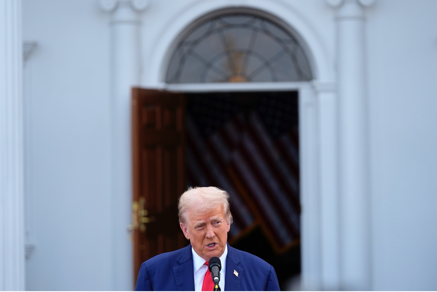 Donald Trump speaking at Trump National Golf Club on August 15, 2024, in Bedminster, New Jersey. Julia Nikhinson/AP
