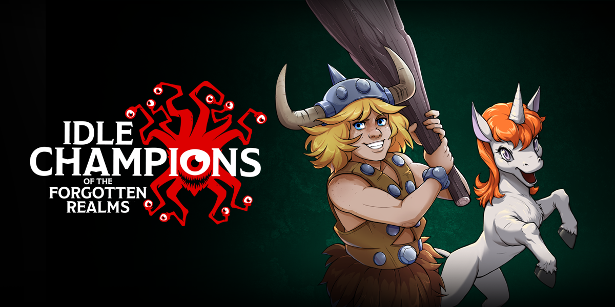 Character art of Bobby the Barbarian and Uni the Unicorn from the 80's Dungeons & Dragons cartoon with the text: ''Idle Champions of the Forgotten Realms''