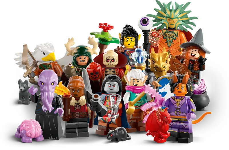 12 LEGO D&D-themed minifigures stand against a white backdrop.