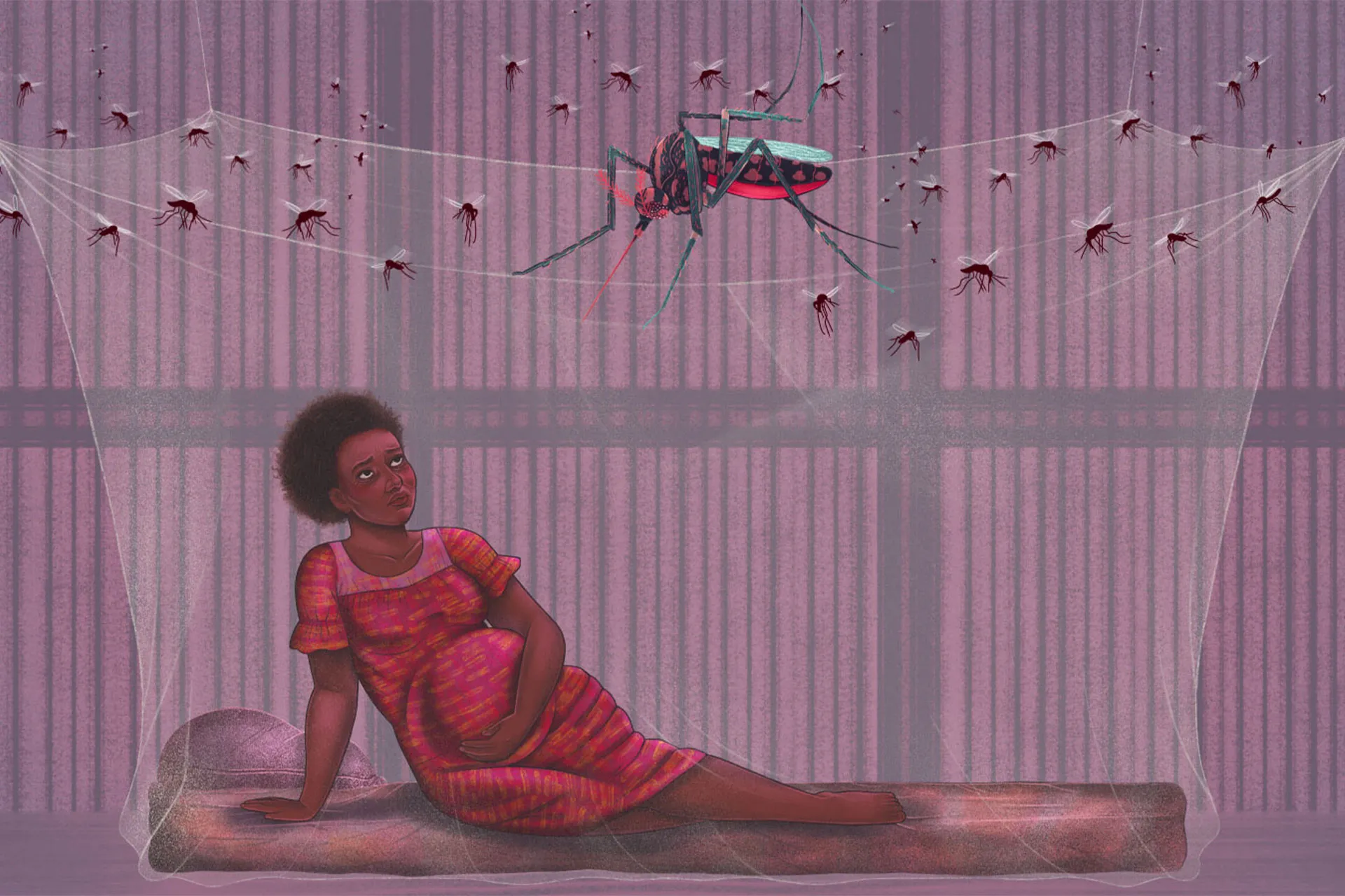 Drawing of a pregnant woman on a pallet surrounded by a bender and several mosquitos, one of which is comically large.