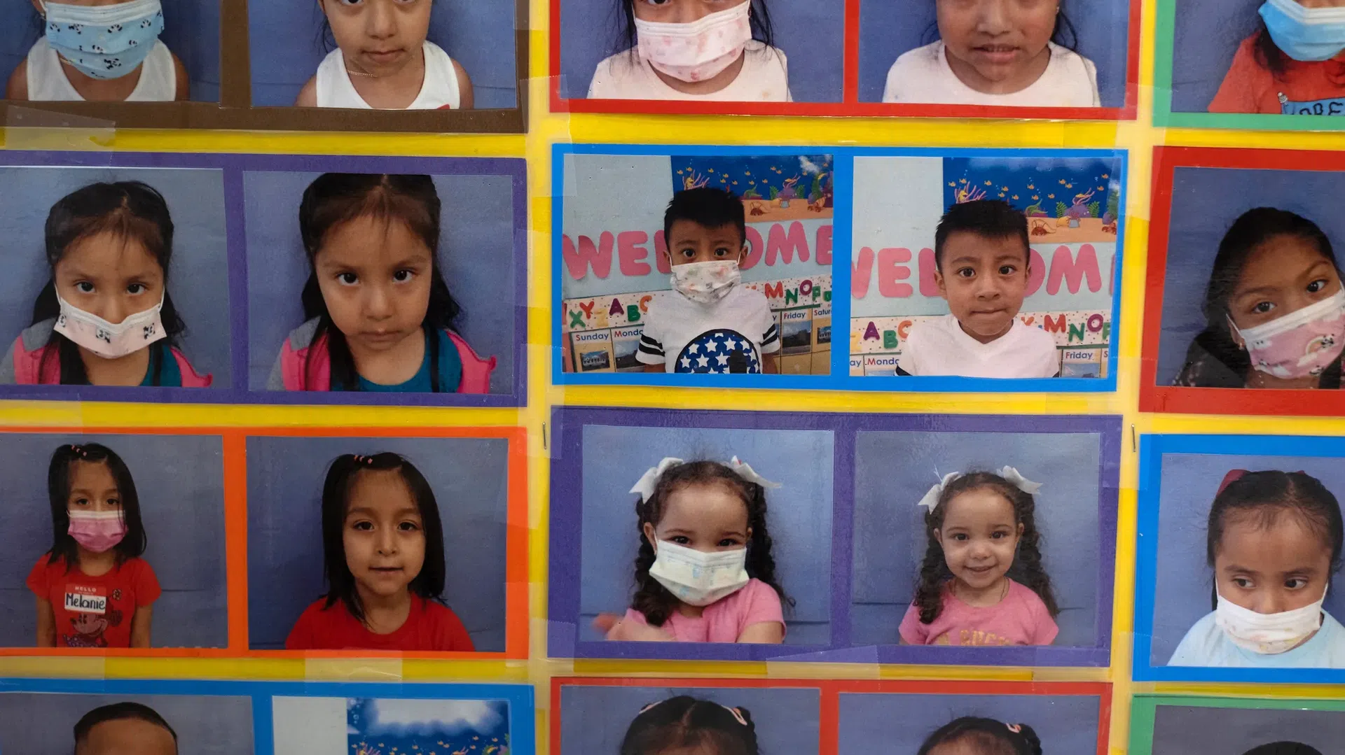 photos of school children, some wearing masks