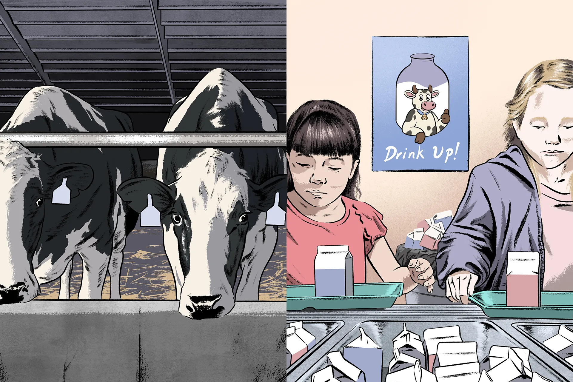 Drawing of dairy cows on one side and schoolchildren in a cafeteria line on the other.
