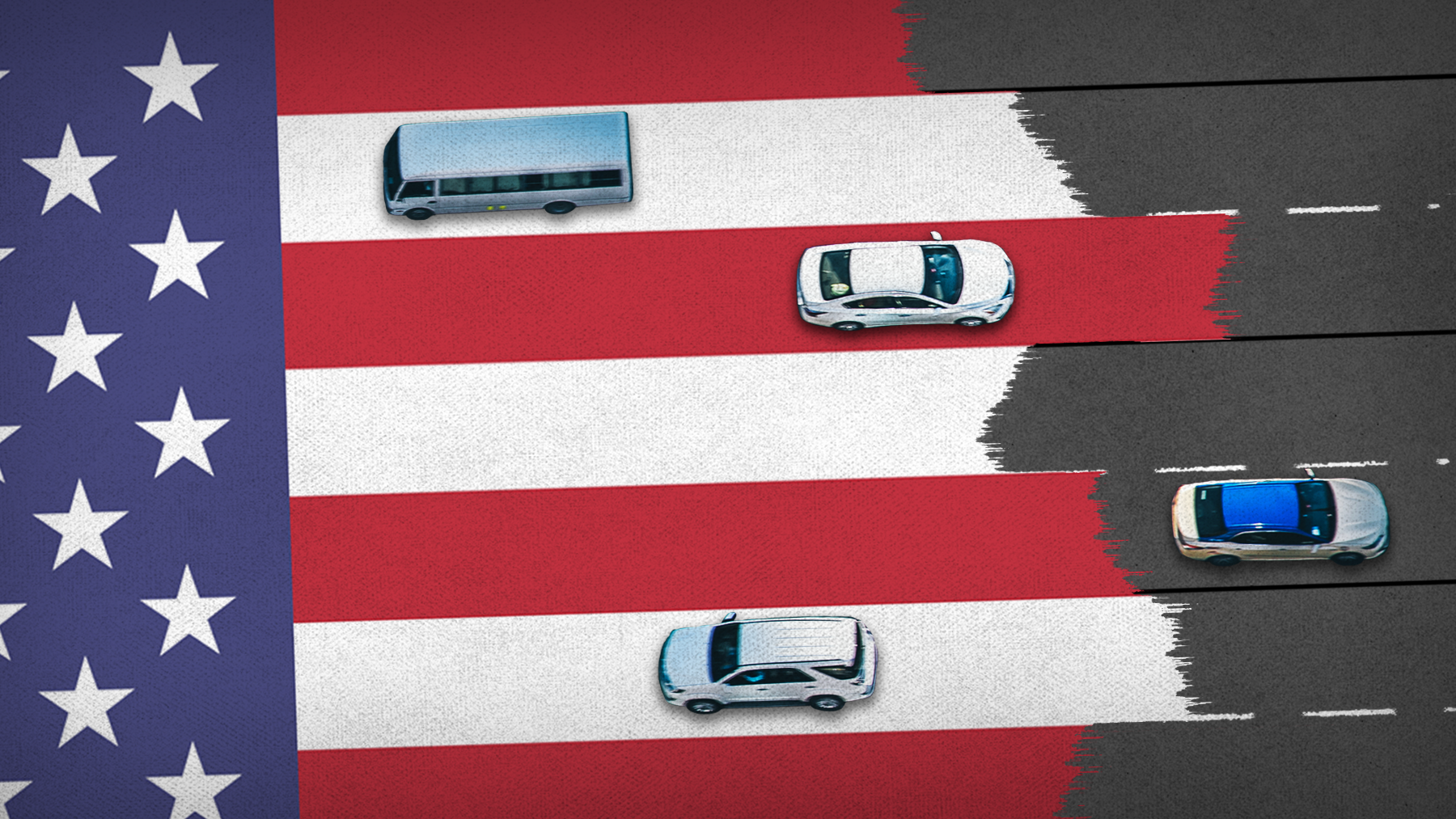 A drawing of a road that is painted with an American flag, with a few cars driving on it.