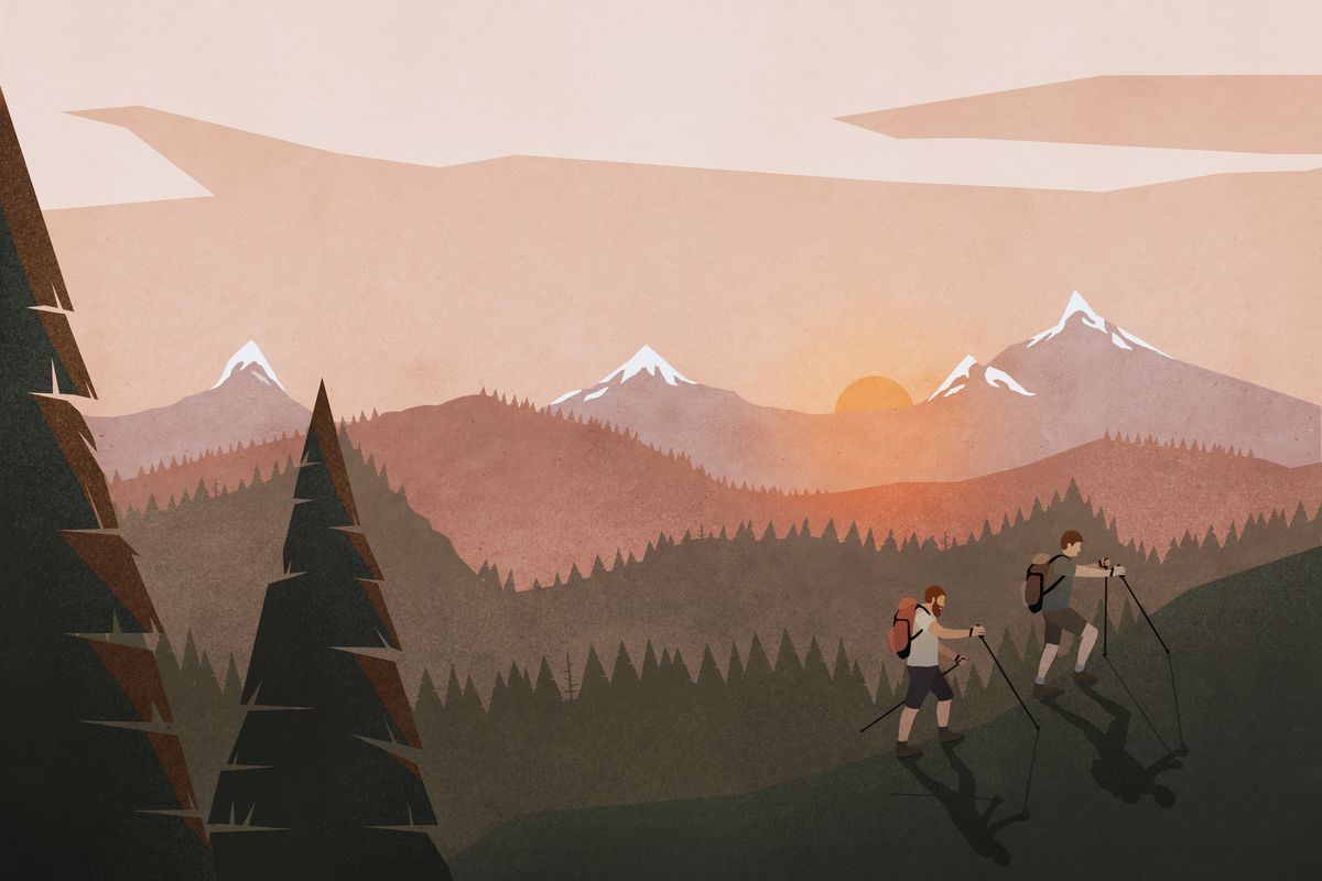 Illustration of a mountain range with figures hiking up a ridge.