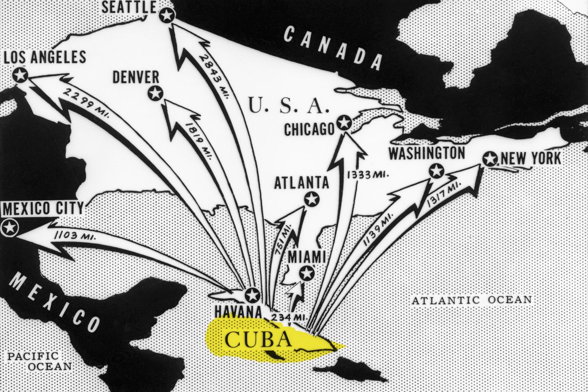 This newspaper map from the time of the Cuban missile crisis shows the distances from Cuba of various cities on the North American continent