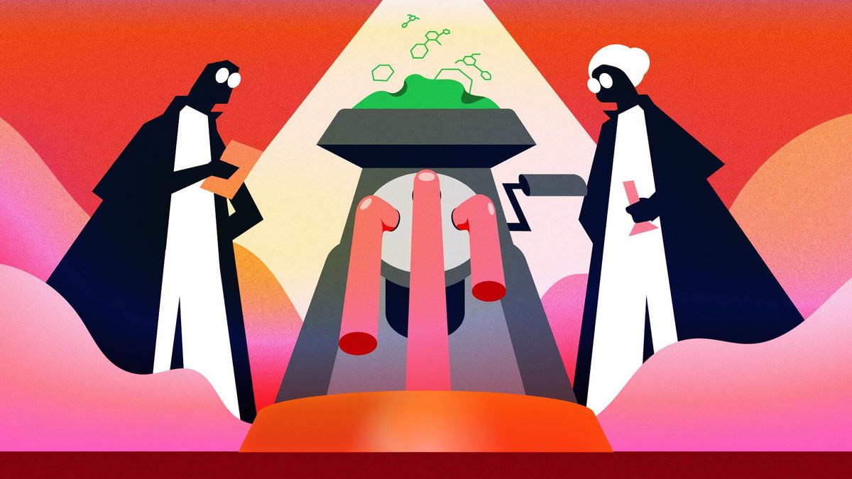 Illustration of scientists in a lab.