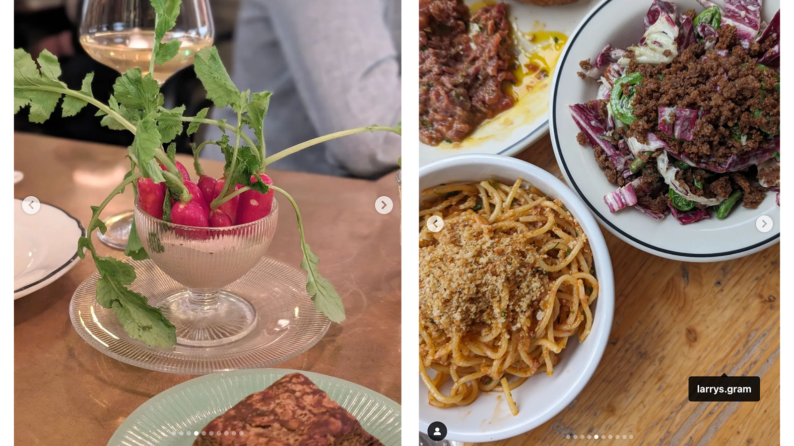 Two screenshots display meals from Larrys in Mile End and Le Butterblume.