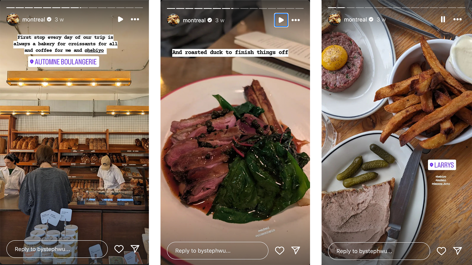 Three images from editor-in-chief Stephanie Wu's Montreal Instagram highlight shows visits to Automne Boulangerie and more.