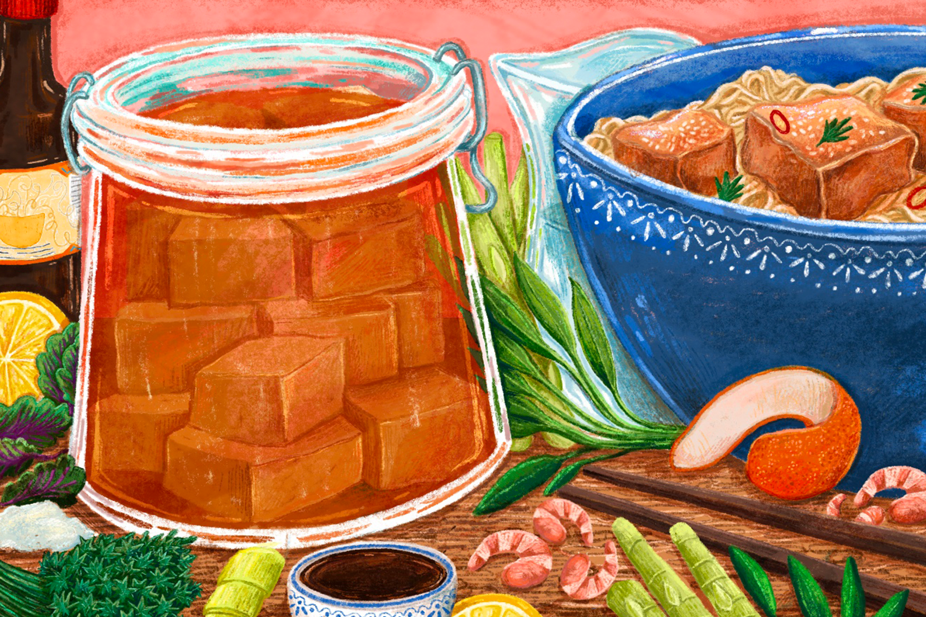 An illustration of stinky tofu cubes in a jar and in a bowl of noodles