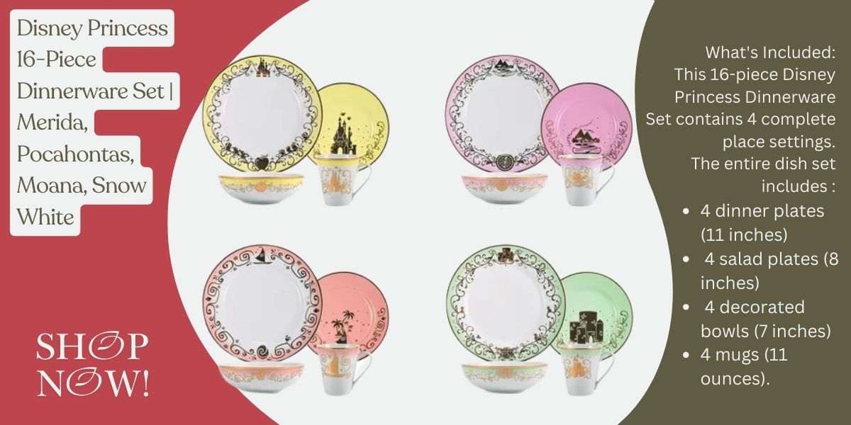 Disney Princess 16-Piece Dinnerware Set | Merida, Pocahontas, Moana, Snow White
