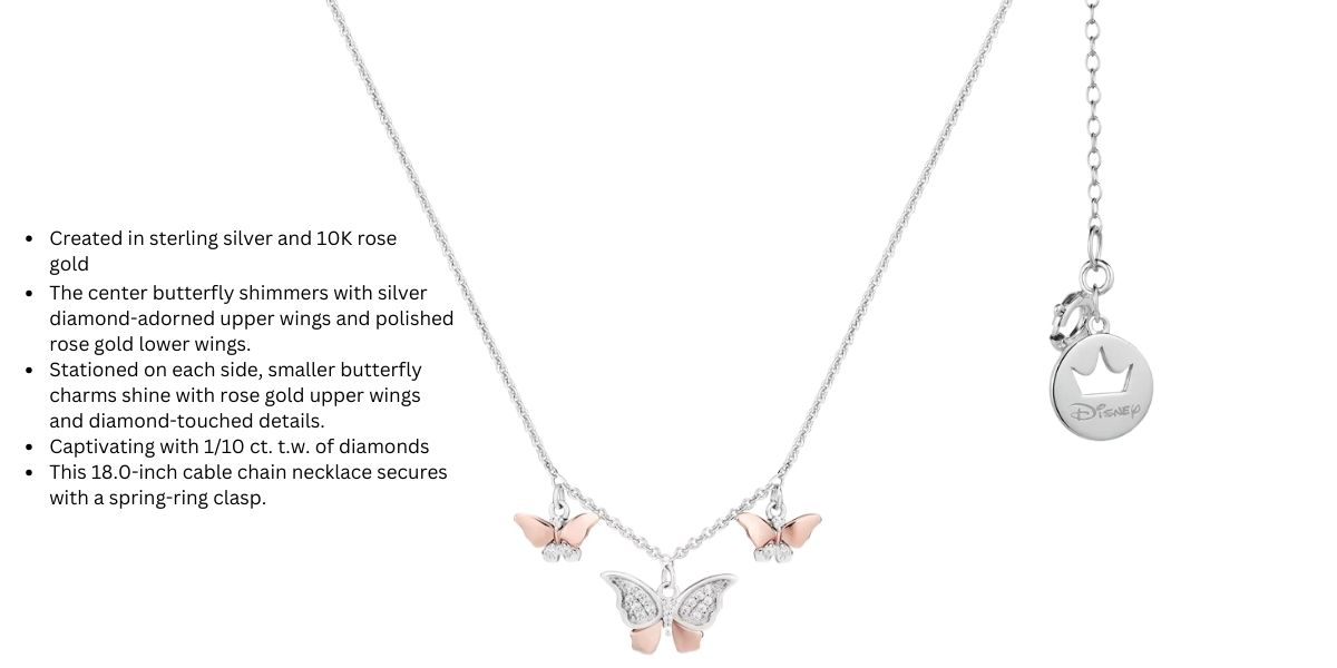 Enchanted Disney Mulan 1/10 CT. T.W. Diamond Butterflies Necklace in Sterling Silver and 10K Rose Gold