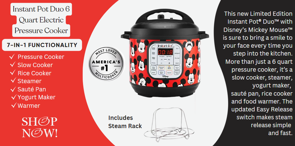 Instant Pot Duo 6 Quart Electric Pressure Cooker, 7-in-1 Multicooker, Disney Mickey Mouse Instant Pot Duo 6 Quart Electric Pressure Cooker, 7-in-1 Multicooker, Disney Mickey Mouse