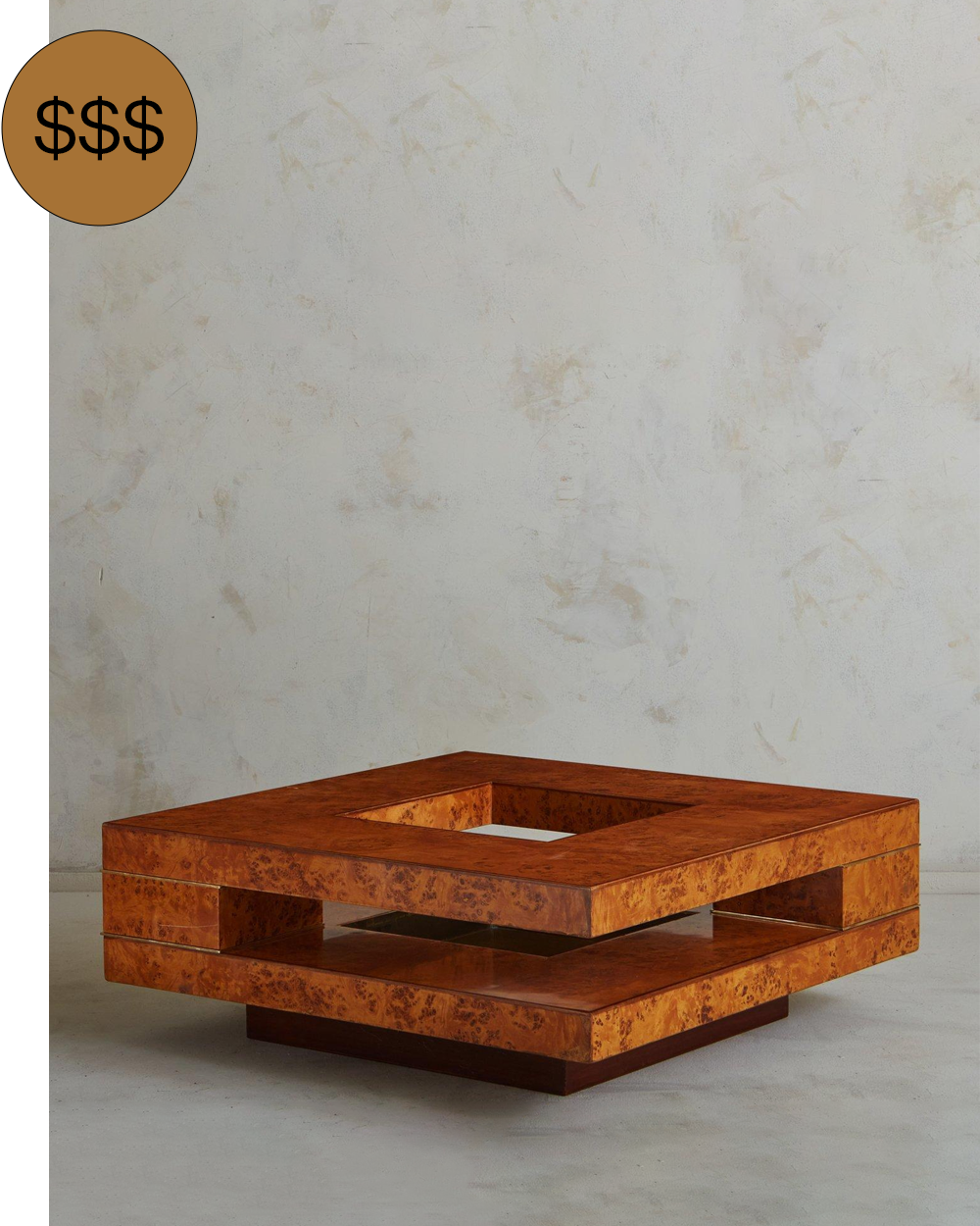 1970s Burl-Wood + Brass Table