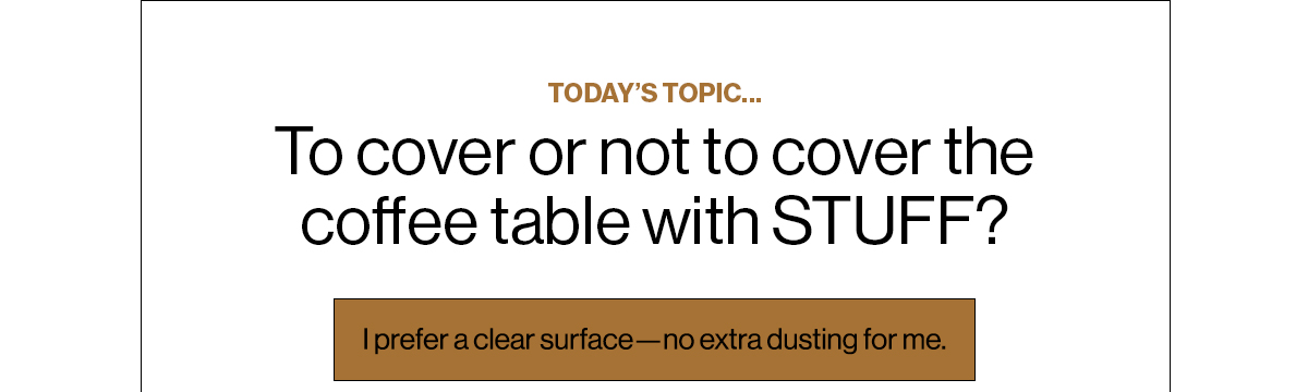 Today’s Topic… To cover or not to cover the coffee table with STUFF?  I prefer a clear surface—no extra dusting for me. 