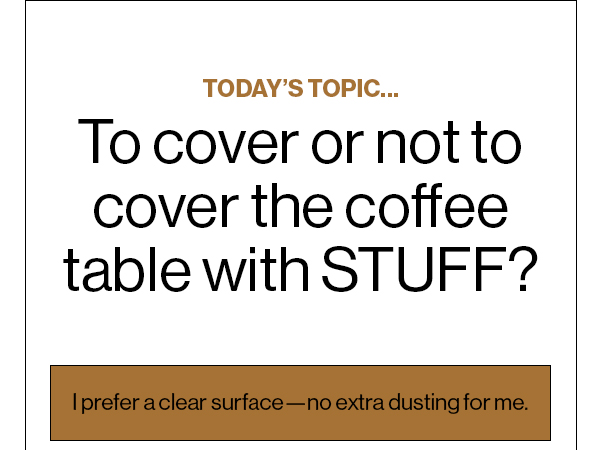 Today’s Topic… To cover or not to cover the coffee table with STUFF?  I prefer a clear surface—no extra dusting for me. 
